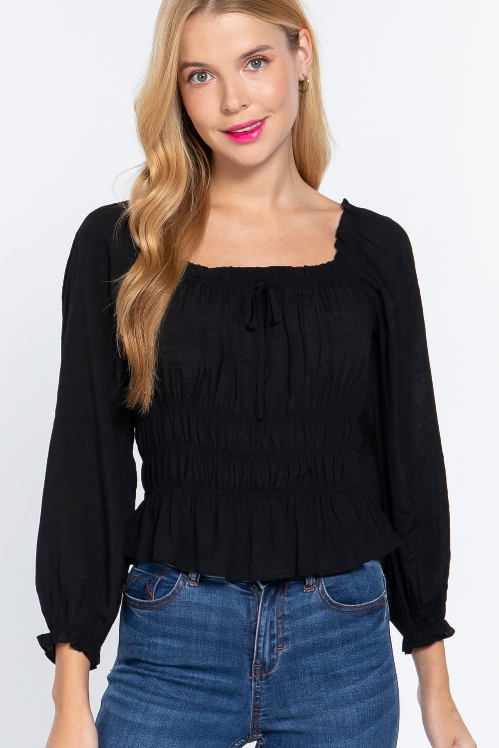 Long Slv Smocking Woven Top - LOLA LUXE
