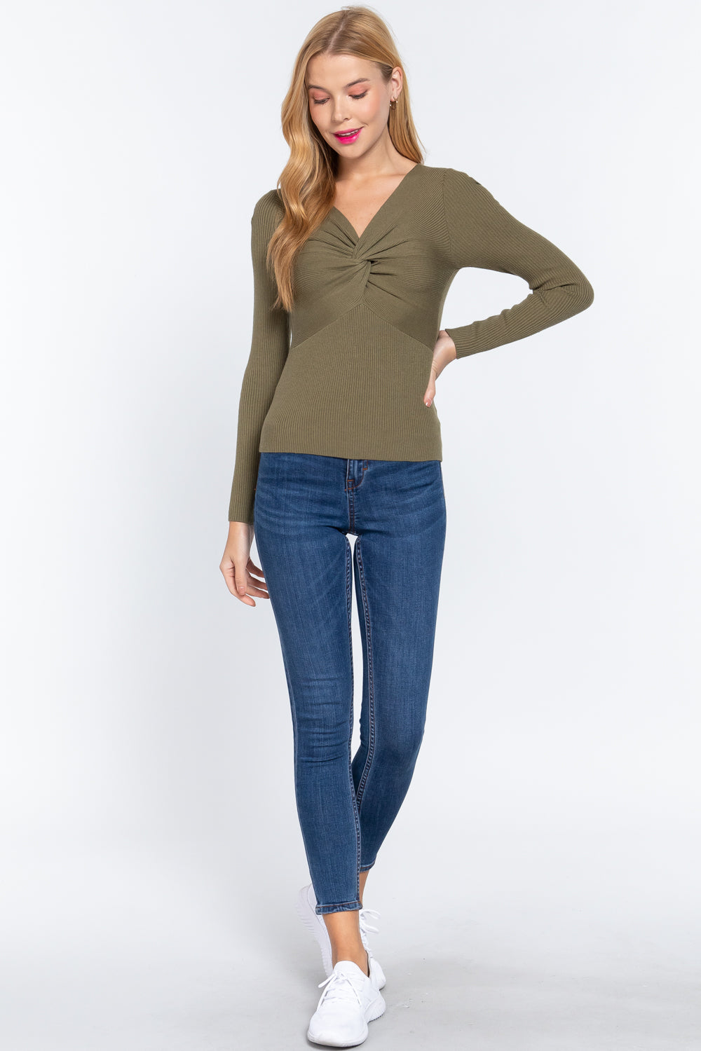 Long Slv V-neck Knotted Sweater - LOLA LUXE