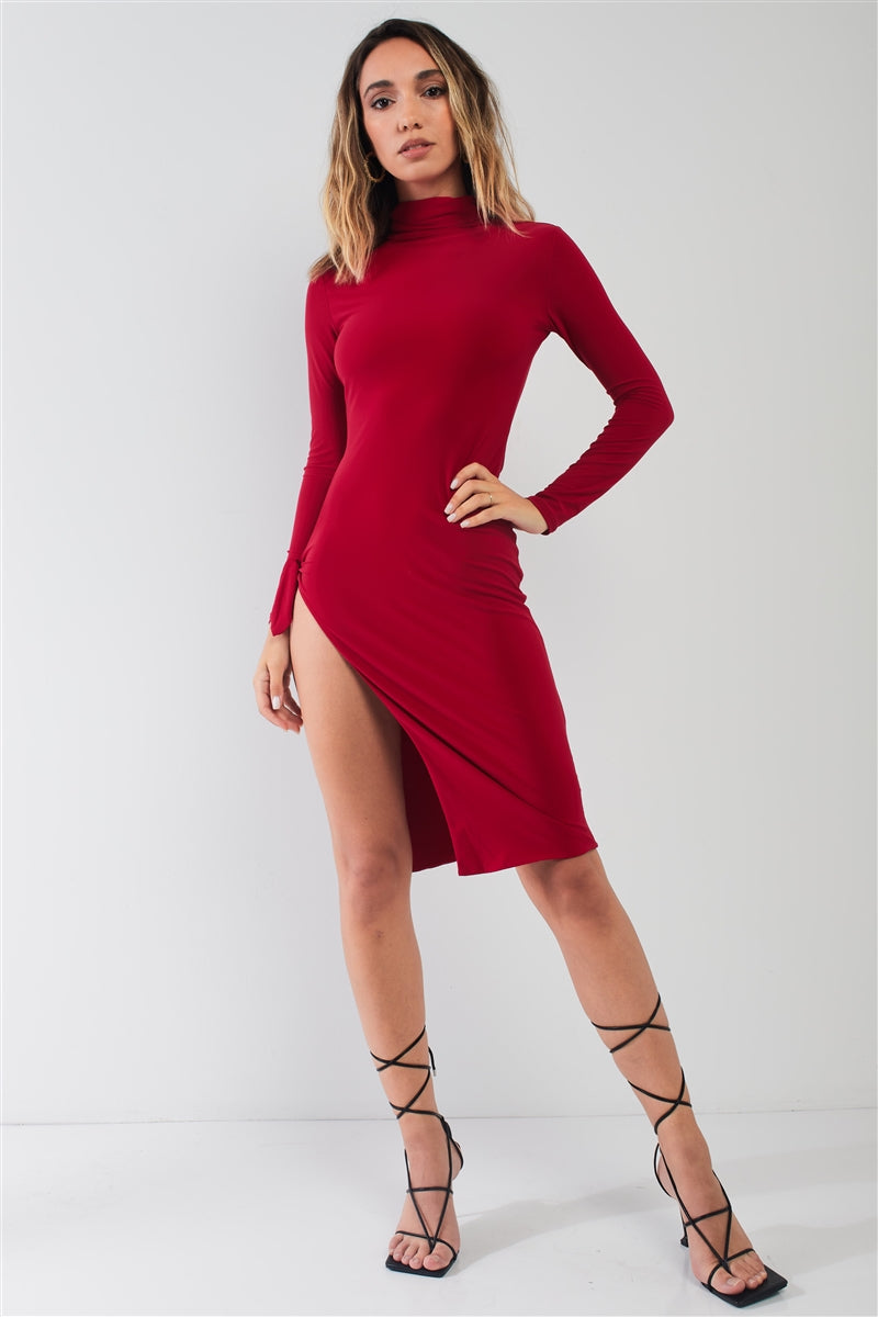 Passion Red Turtle Neck Long Sleeve Super Deep Side Slit With Tie Detail Midi Dress - LOLA LUXE
