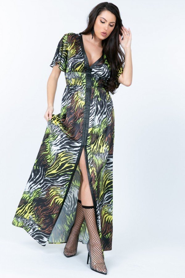 Deep V Neck Slit Zebra Print Long Dress - LOLA LUXE