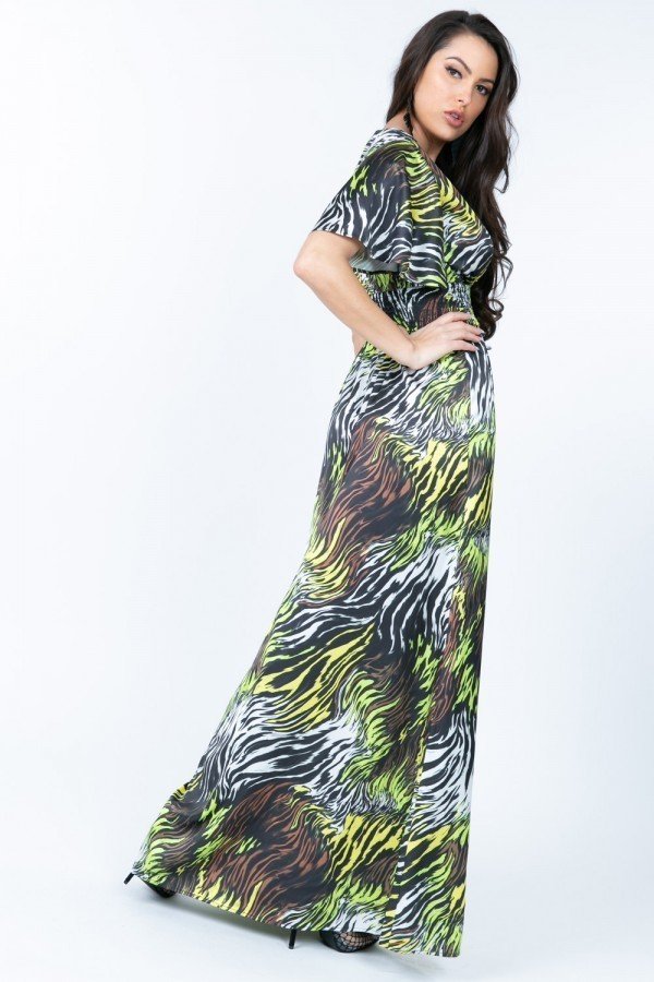 Deep V Neck Slit Zebra Print Long Dress - LOLA LUXE