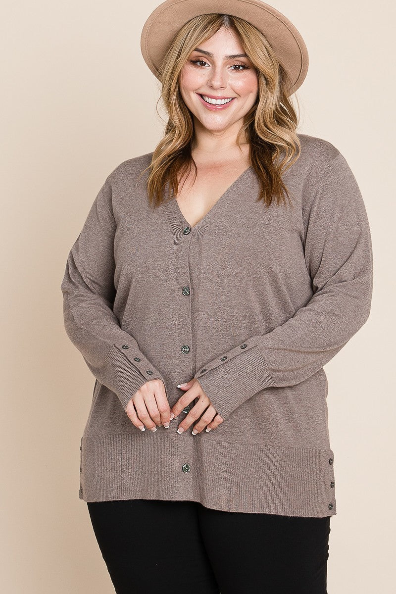 Plus Size Solid Buttery Soft V Neck Button Up High Quality Two Tone Knit Cardigan - LOLA LUXE