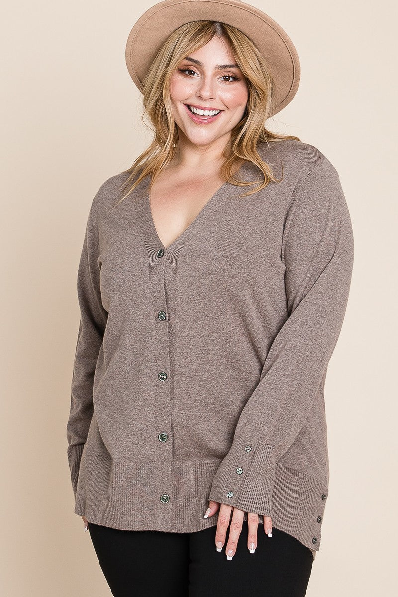 Plus Size Solid Buttery Soft V Neck Button Up High Quality Two Tone Knit Cardigan - LOLA LUXE