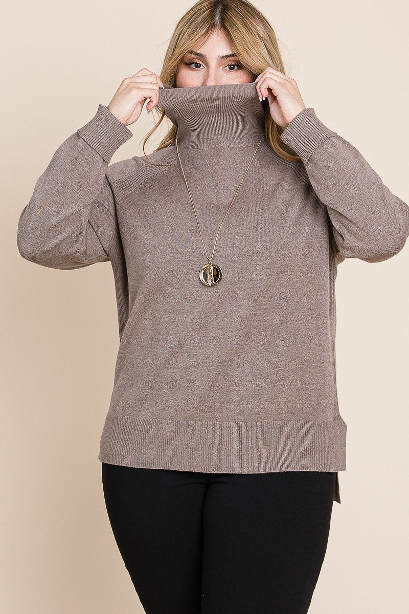 Plus Size High Quality Buttery Soft Solid Knit Turtleneck Two Tone High Low Hem Sweater - LOLA LUXE