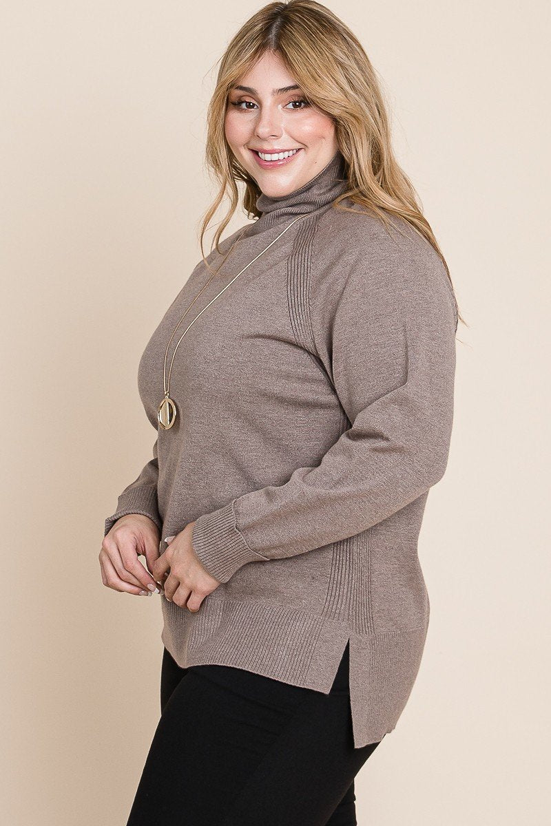 Plus Size High Quality Buttery Soft Solid Knit Turtleneck Two Tone High Low Hem Sweater - LOLA LUXE
