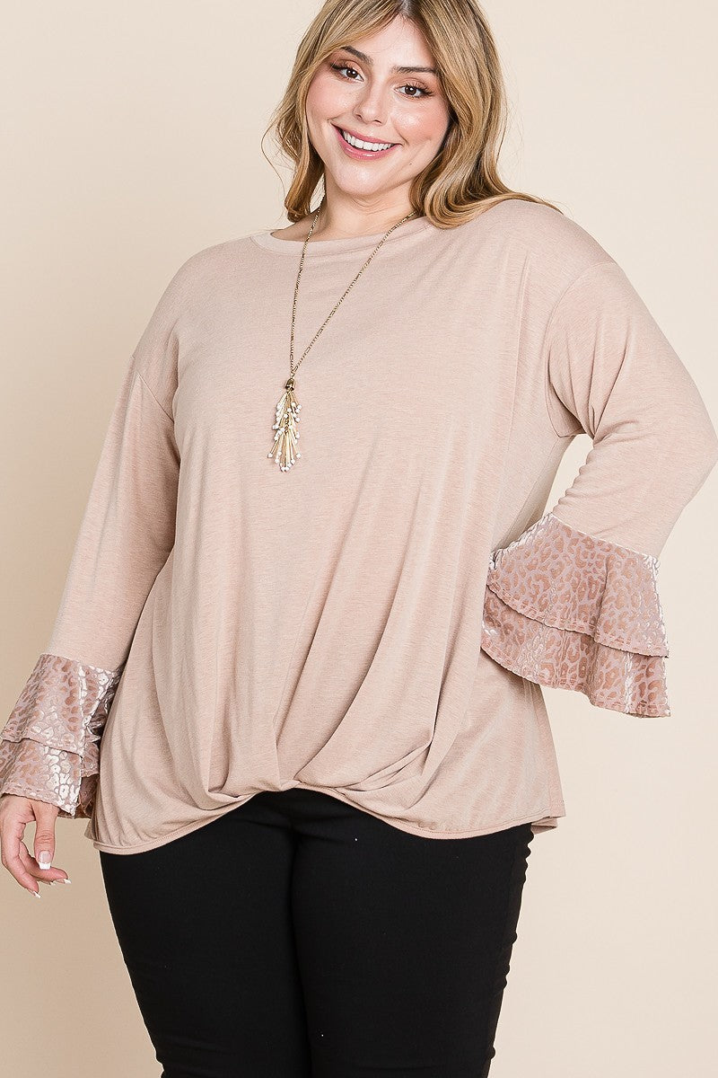 Plus Size Two Tier Velvet Animal Mesh Sleeves Solid Knit Top - LOLA LUXE