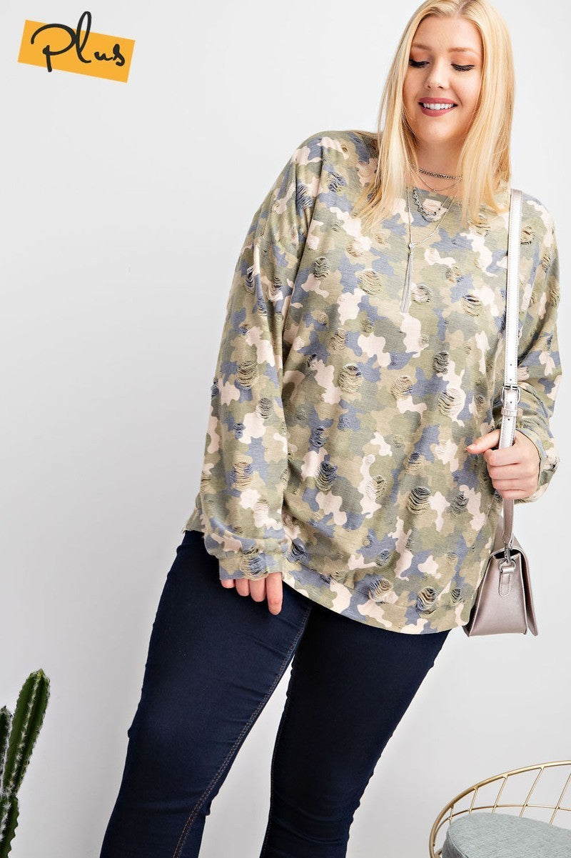 Plus Size Long Sleeve Distressed Printed Rayon Pullover Top - LOLA LUXE