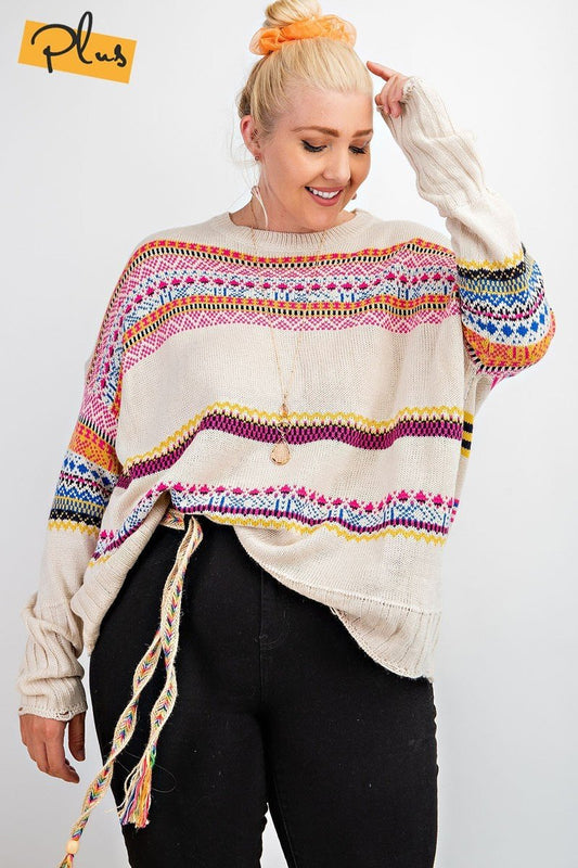 Plus Size Boho Patterned Knitted Sweater Pullover - LOLA LUXE