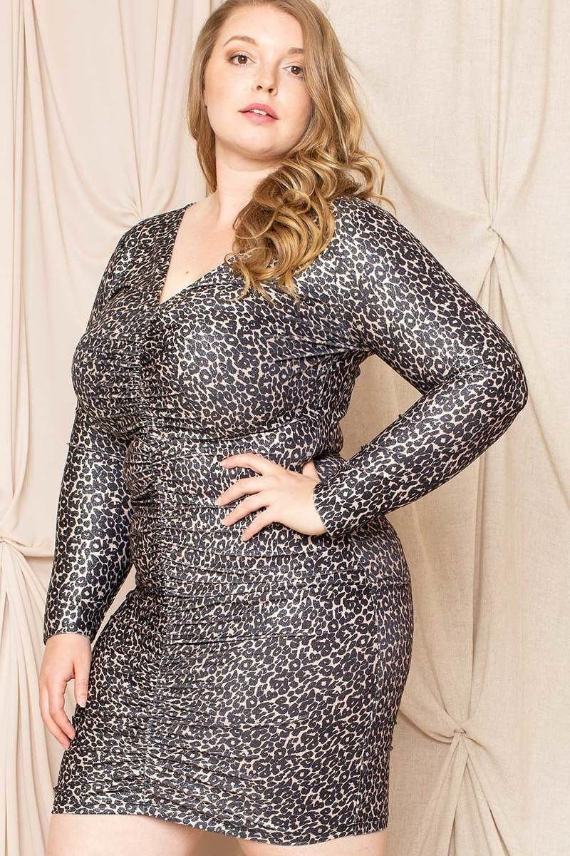 Leopard Print Shirring Plus Size Mini Dress - LOLA LUXE