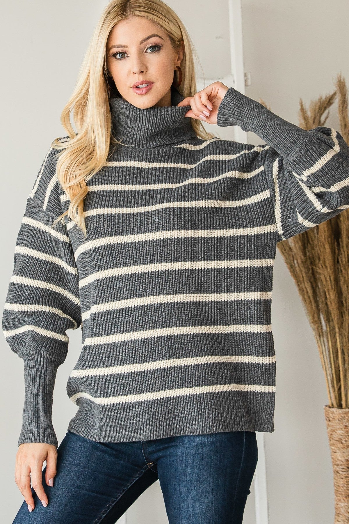 Heavy Knit Striped Turtle Neck Knit Sweater - LOLA LUXE