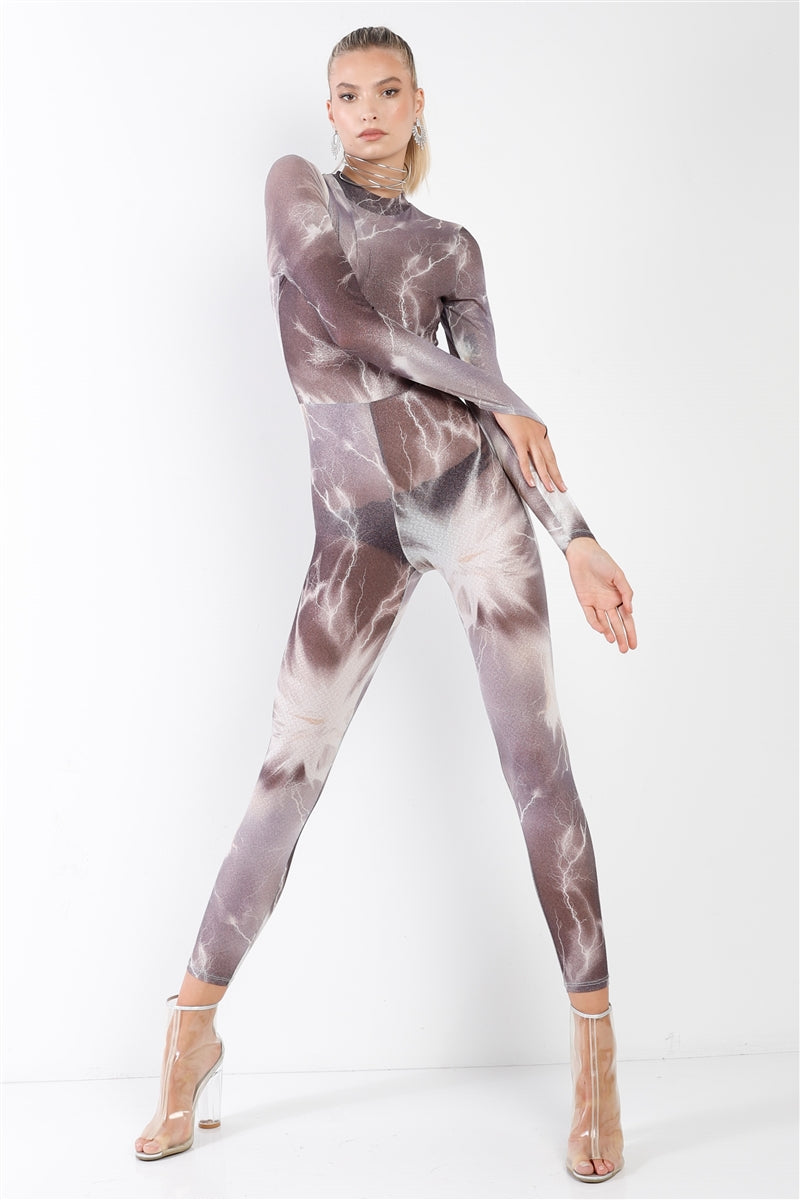 Purple-grey Lightning Print Mock Neck Long Sleeve With Finger Loop Fitted Catsuit /jumpsuit - LOLA LUXE
