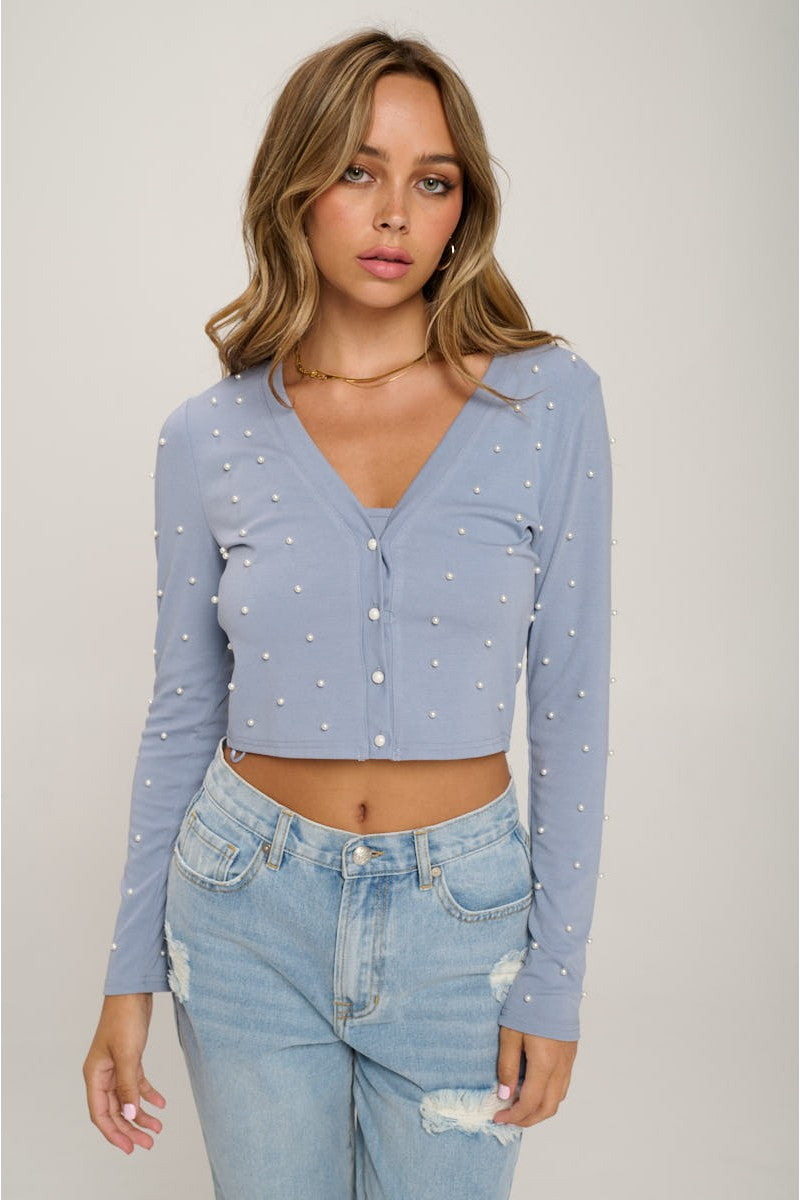 Faux Pearl Crop Top And Cardigan Set - LOLA LUXE