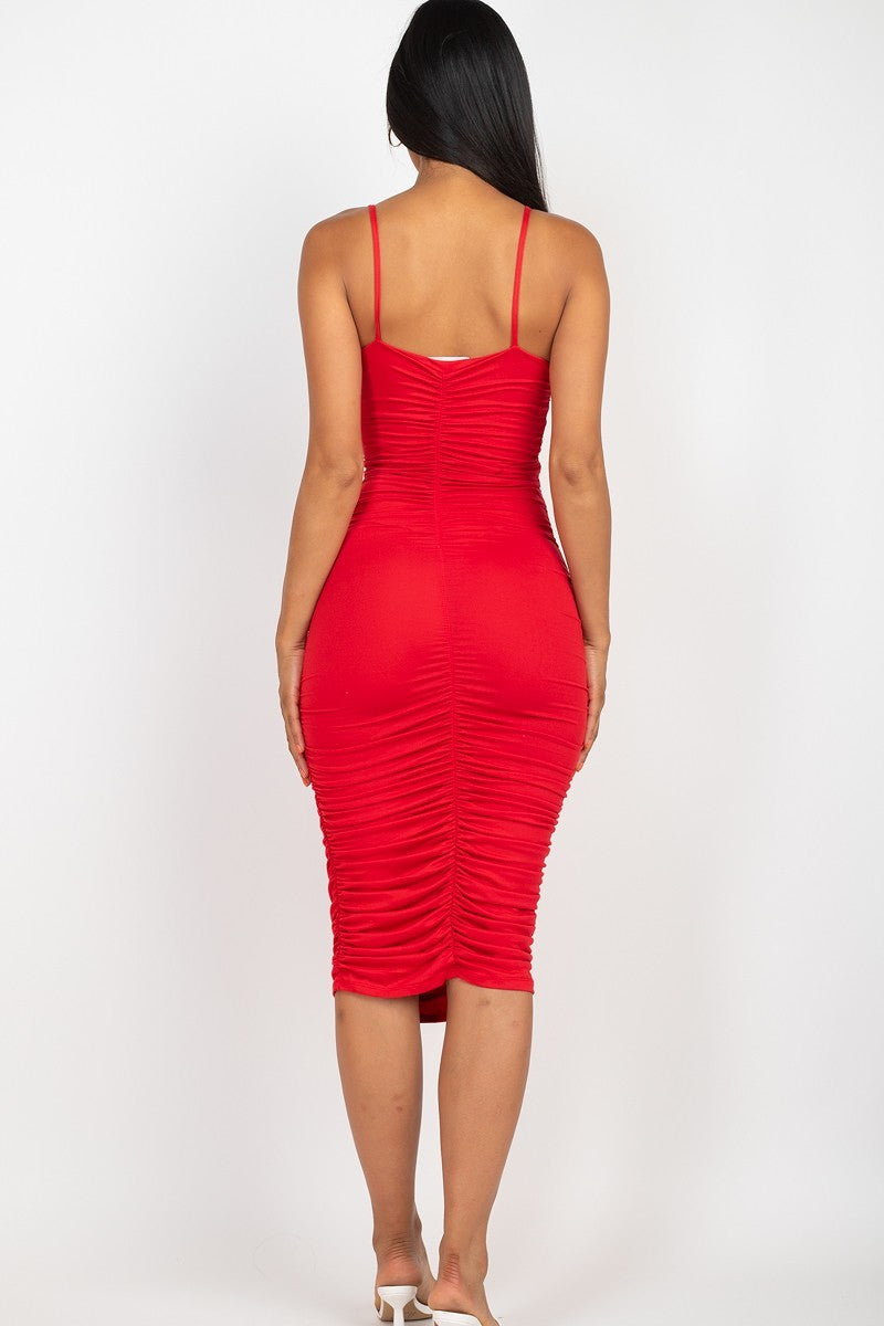 Cross Wrap Ruched Midi Dress - LOLA LUXE