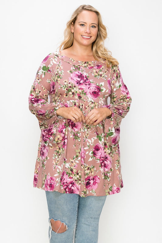Floral, Bubble Sleeve Tunic Top - LOLA LUXE