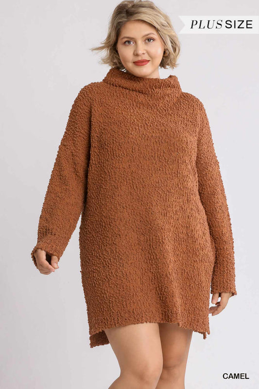 High Cowl Neck Bouclé Long Sleeve Sweater Dress - LOLA LUXE