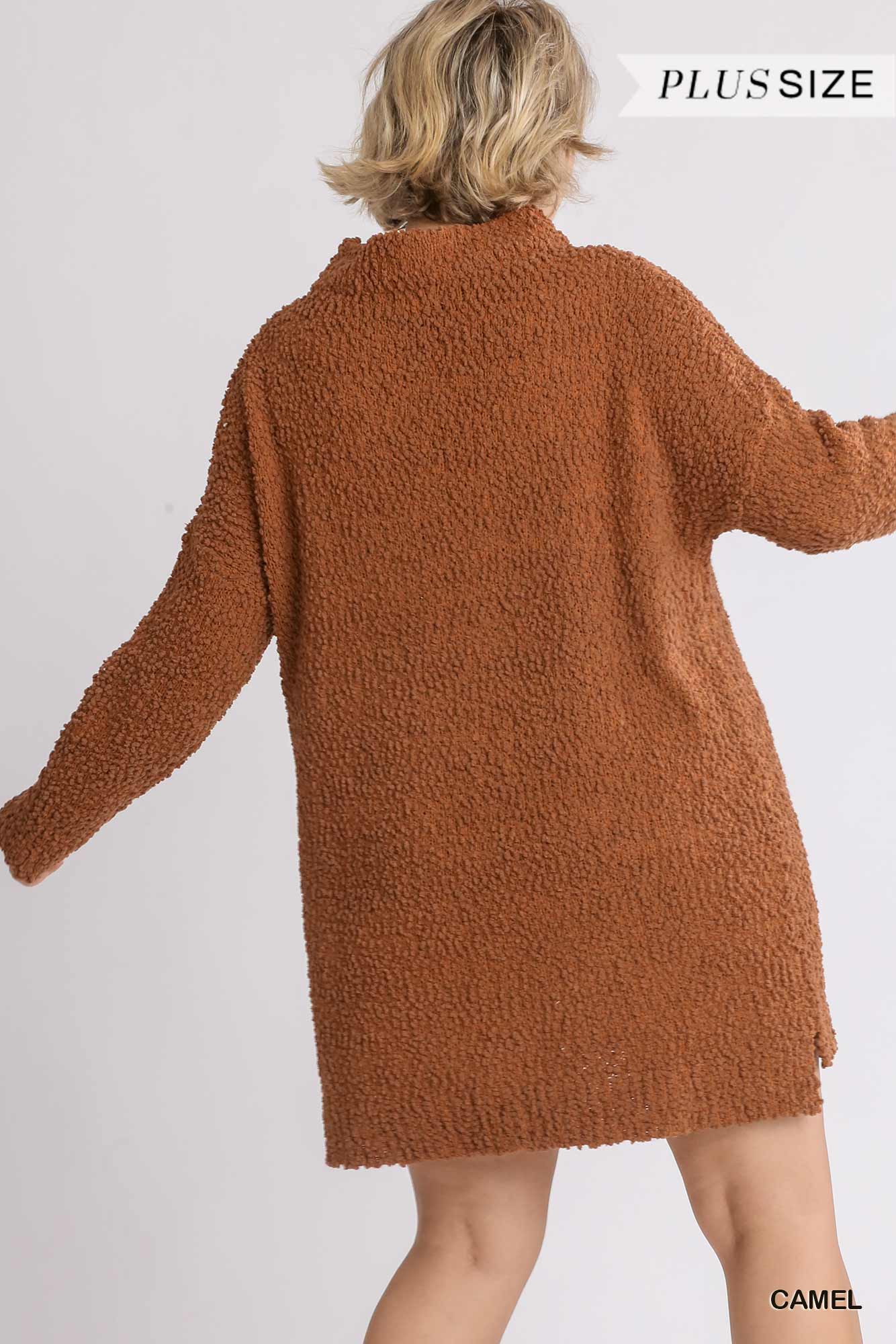 High Cowl Neck Bouclé Long Sleeve Sweater Dress - LOLA LUXE
