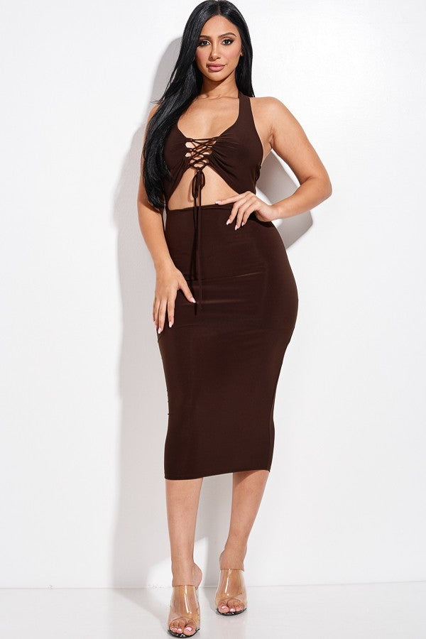 Solid Halter Neck Midi Dress With Criss Cross Front And Cutout - LOLA LUXE
