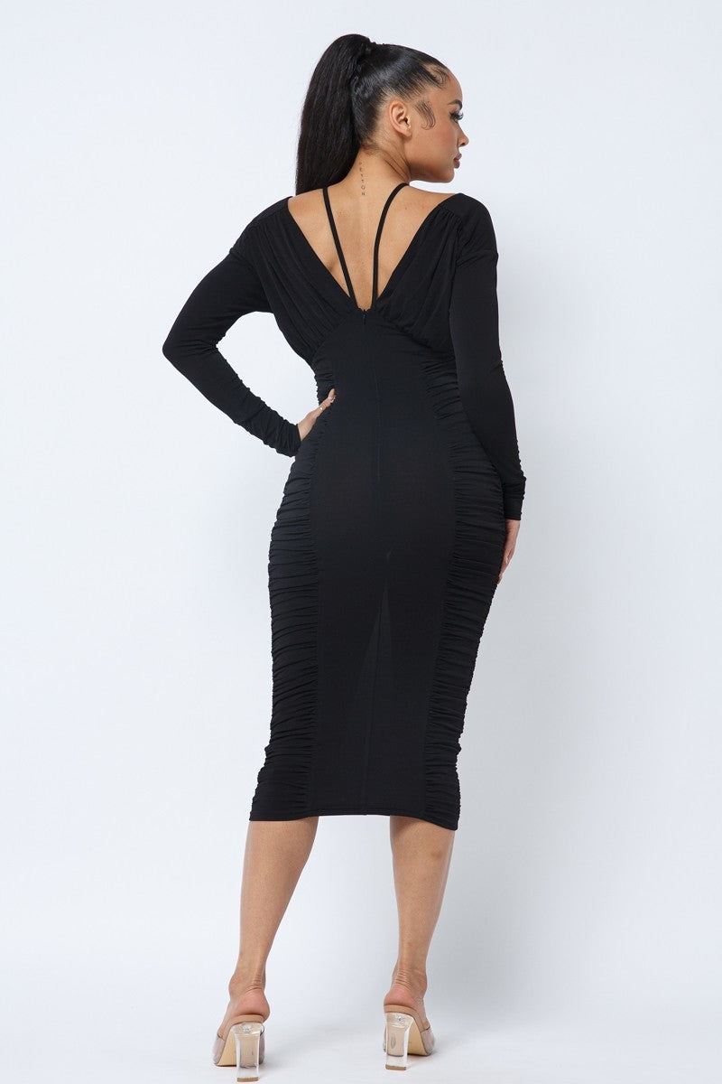 Long Sleeve Midi Dress With Low V Neck Front And Back With Ruching On Sides And Chest - LOLA LUXE