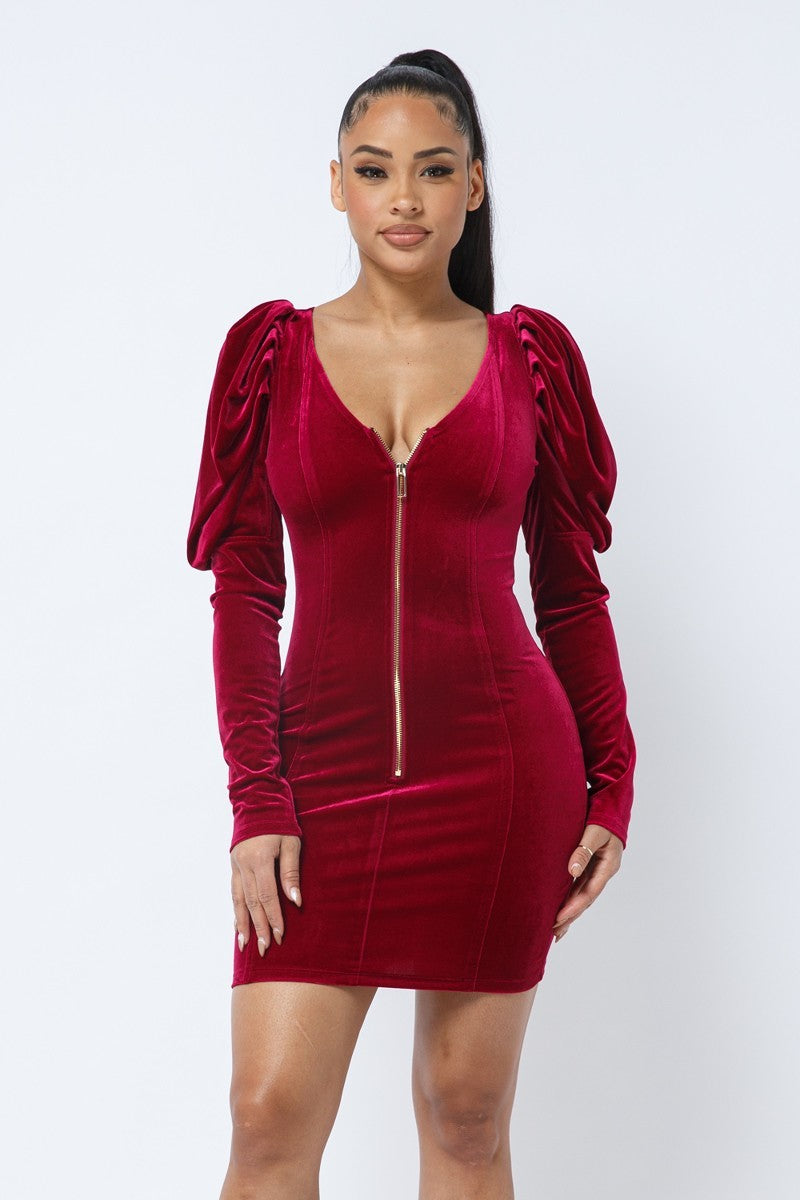 Soft Velvet Pleated Puff Sleeve Low V Neck Front And Back Mini Dress - LOLA LUXE