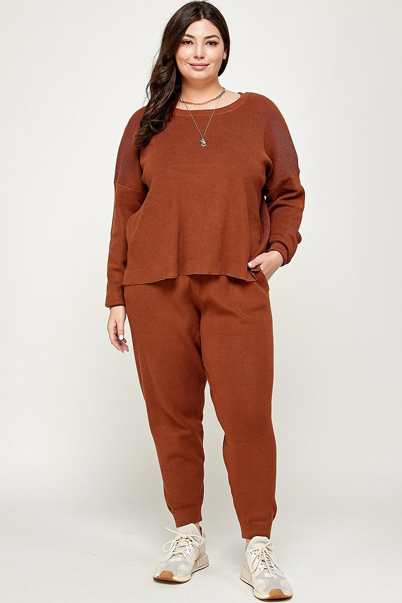 Plus Size Solid Sweater Knit Top And Pant Set - LOLA LUXE