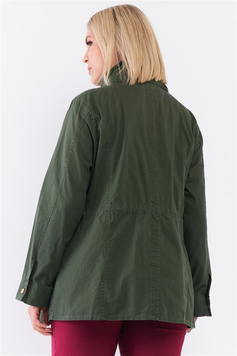 Plus Olive Cotton Front Zip-up & Button Down Detachable Hood Detail Utility Jacket - LOLA LUXE