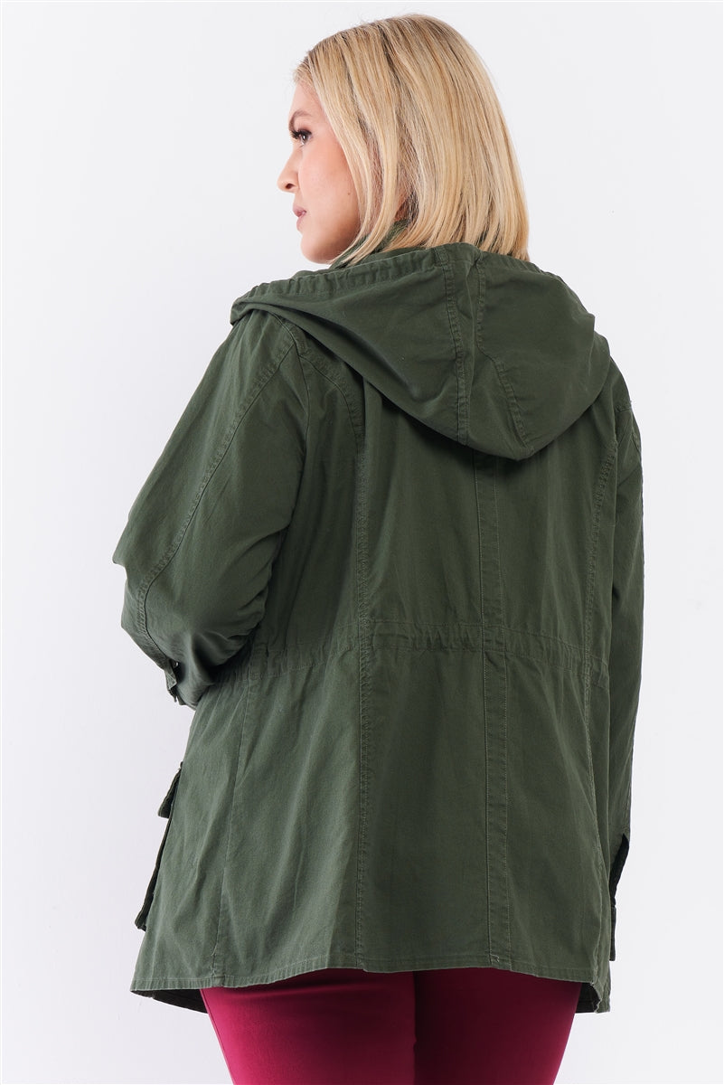 Plus Olive Cotton Front Zip-up & Button Down Detachable Hood Detail Utility Jacket - LOLA LUXE