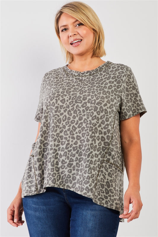 Plus Sage Washed Effect Leopard Print Short Sleeve Round Neck Raw Hem & Exposed Stitching Trim Relaxed Top - LOLA LUXE