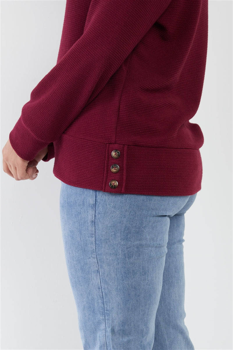 Plus Wine Red Ribbed Round Neck Long Balloon Sleeve Button Trim Top - LOLA LUXE