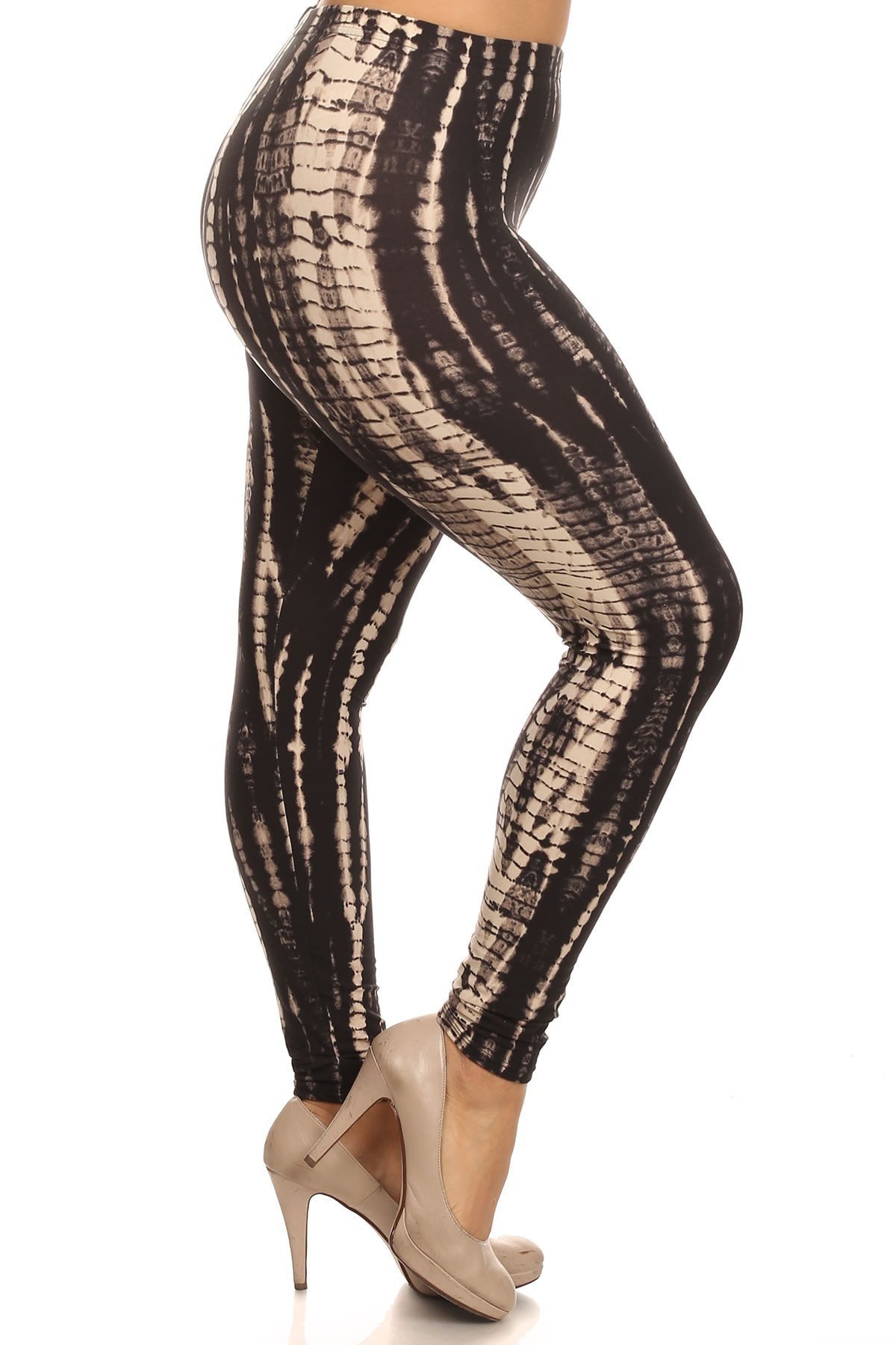 Plus Size Black And Tan Tie Dye Print Full Length Fitted Leggings With High Waist. - LOLA LUXE