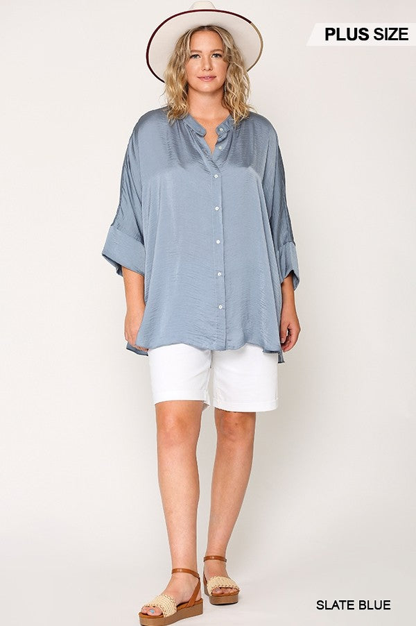 Washed Satin Button Down Loose Fit Top With Hi-lo Hem - LOLA LUXE