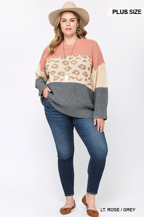 Color Block And Leopard Pattern Mixed Pullover Sweater - LOLA LUXE