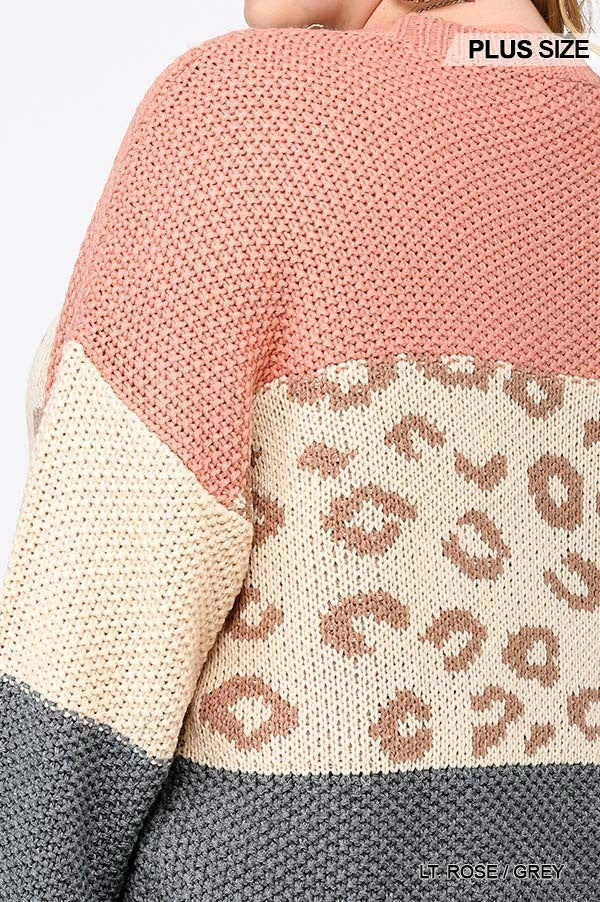 Color Block And Leopard Pattern Mixed Pullover Sweater - LOLA LUXE