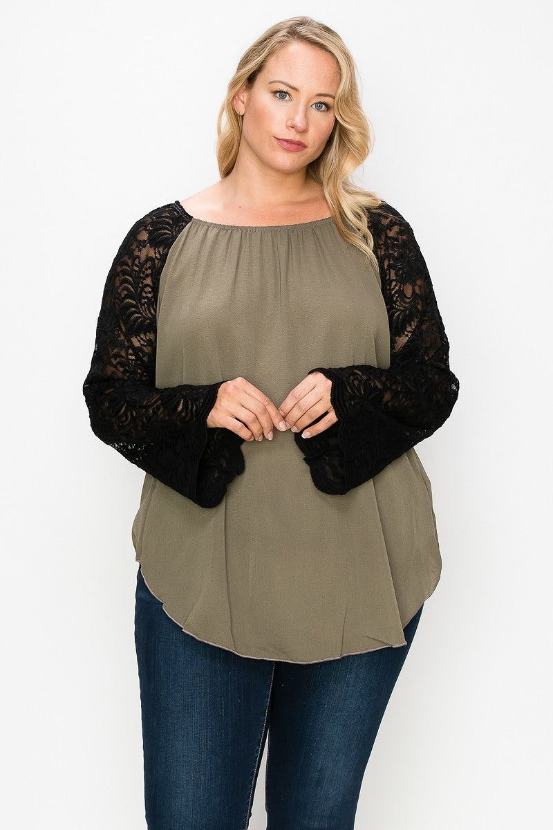 Solid Top Featuring Flattering Lace Bell Sleeves - LOLA LUXE