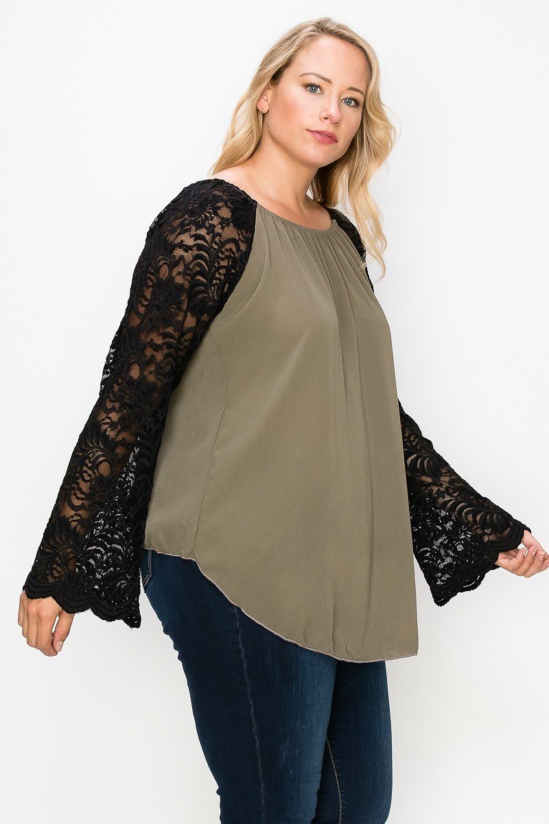 Solid Top Featuring Flattering Lace Bell Sleeves - LOLA LUXE