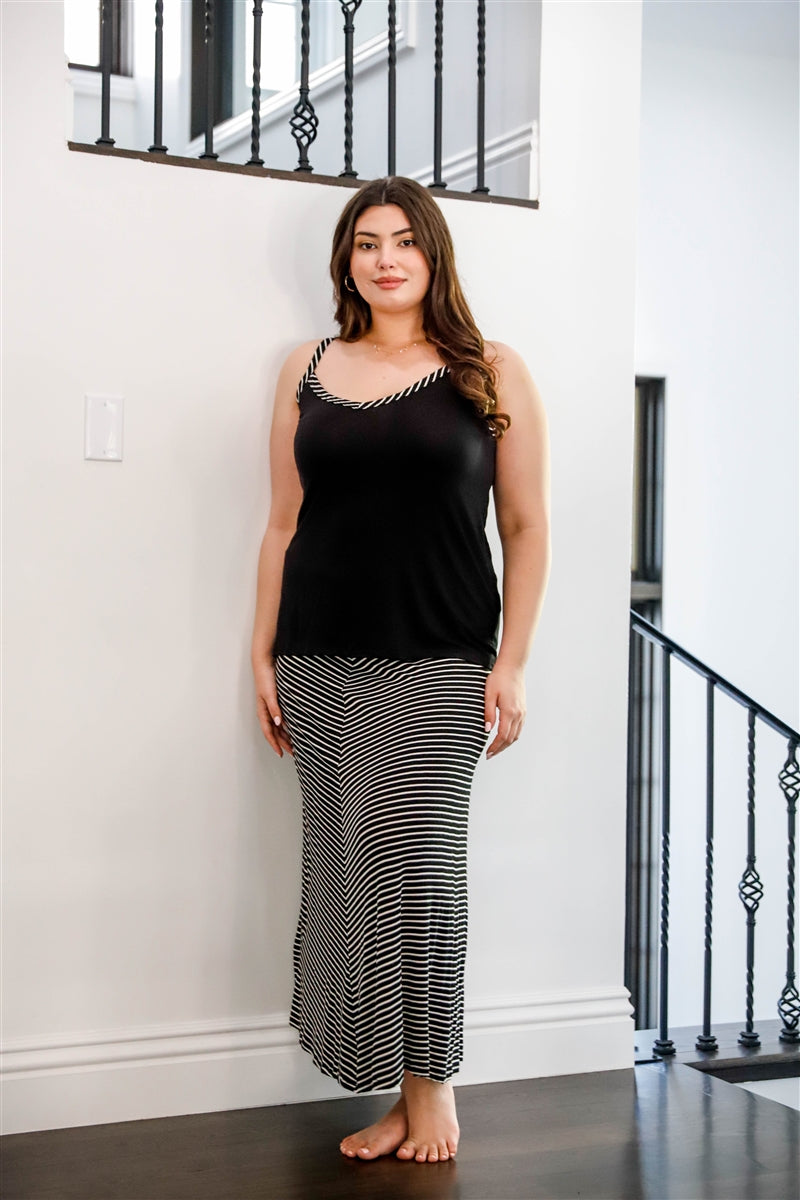 Plus Black Striped V-neck Top & Maxi Skirt Set - LOLA LUXE