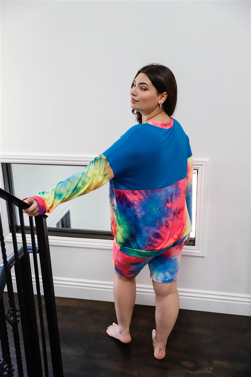 Plus Blue Neon Rainbow Tie-dye Colorblock Long Sleeve Top & Biker Shorts Set - LOLA LUXE