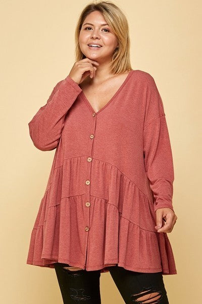 Plus Size Solid Long Sleeves Button Up Swing Tunic Top With Ruched Detail - lolaluxeshop