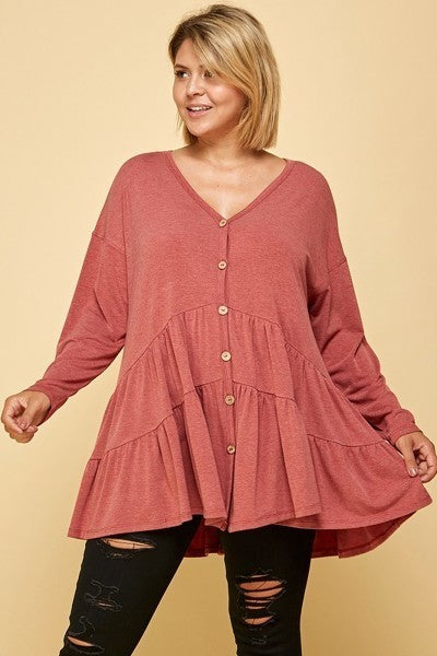 Plus Size Solid Long Sleeves Button Up Swing Tunic Top With Ruched Detail - lolaluxeshop
