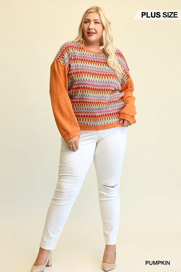 Novelty Knit And Solid Knit Mixed Loose Top With Drop Down Shoulder - lolaluxeshop