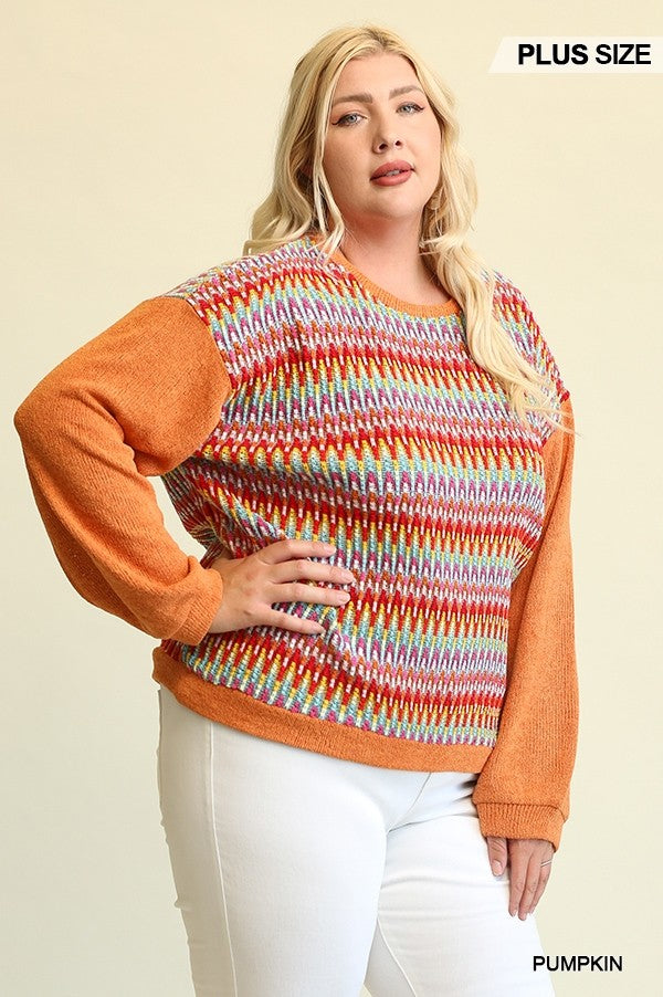 Novelty Knit And Solid Knit Mixed Loose Top With Drop Down Shoulder - lolaluxeshop