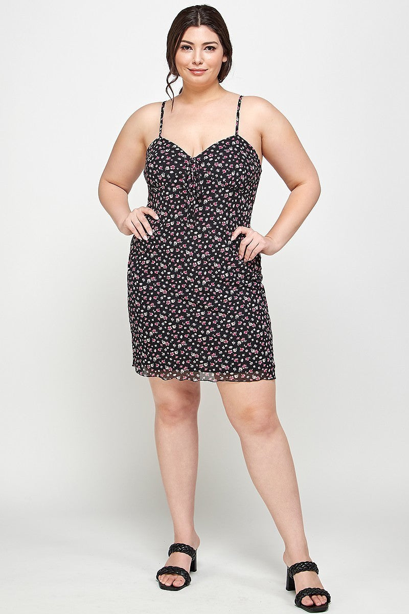 Plus Size Ditsy Floral Print On Mesh Fabric Cami Dress - lolaluxeshop