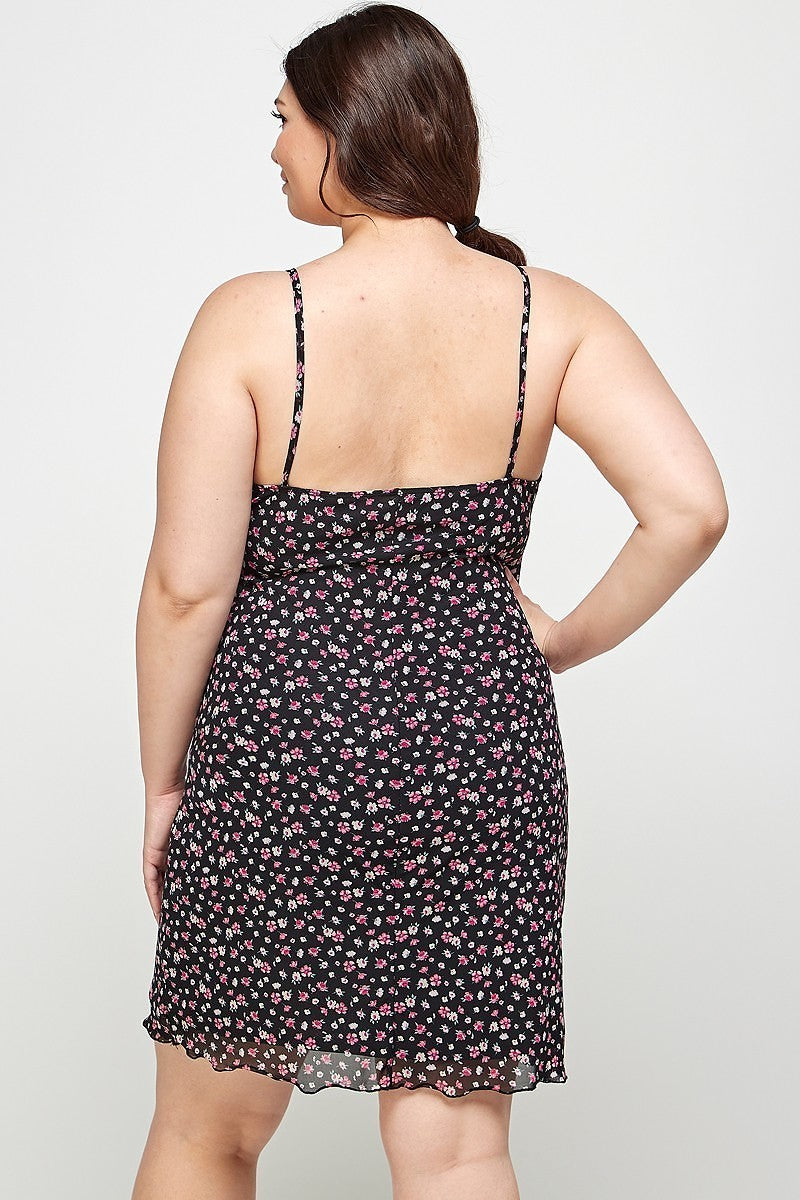 Plus Size Ditsy Floral Print On Mesh Fabric Cami Dress - lolaluxeshop