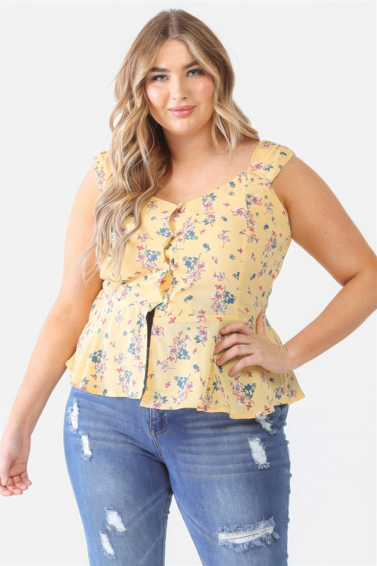 Plus Floral Button-up Sleeveless Flare Hem Top - lolaluxeshop