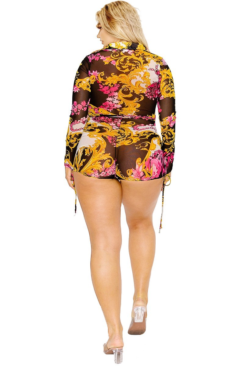 Plus gold & floral pattern print belted romer - lolaluxeshop