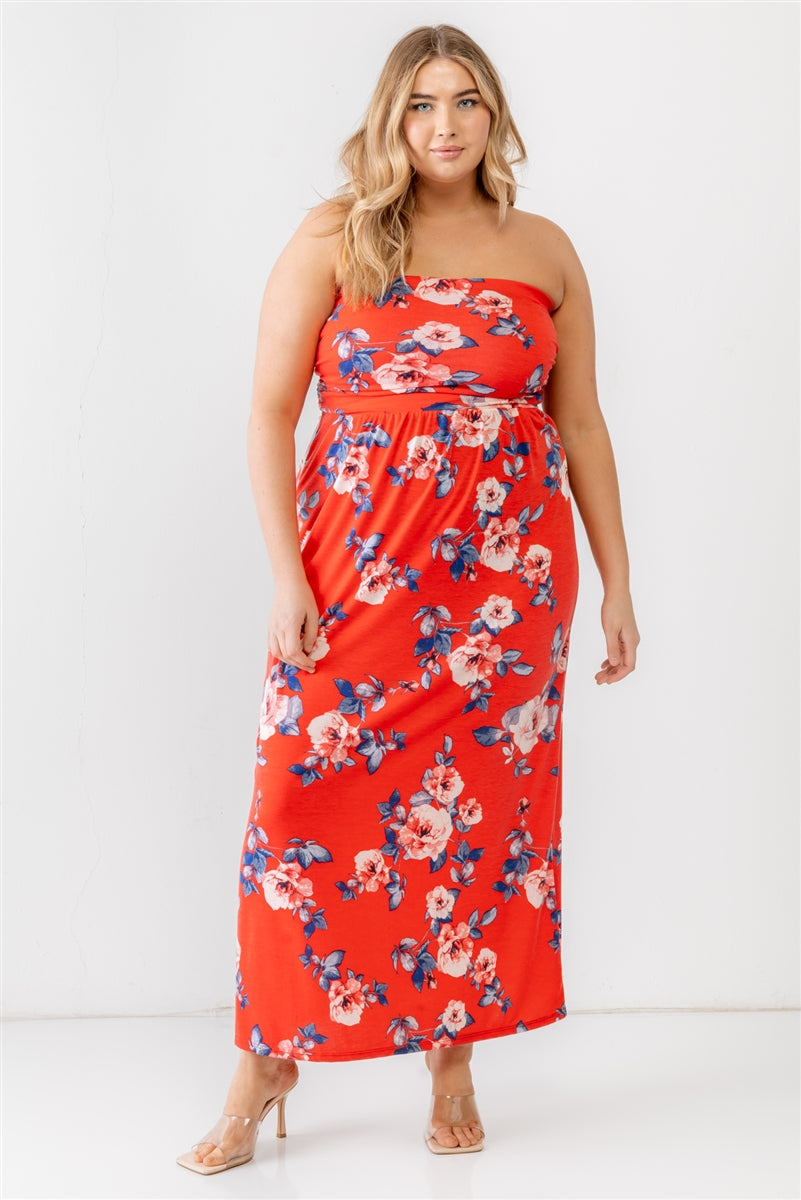 Plus Red Rose Print Ruched Strapless Midi Dress - lolaluxeshop