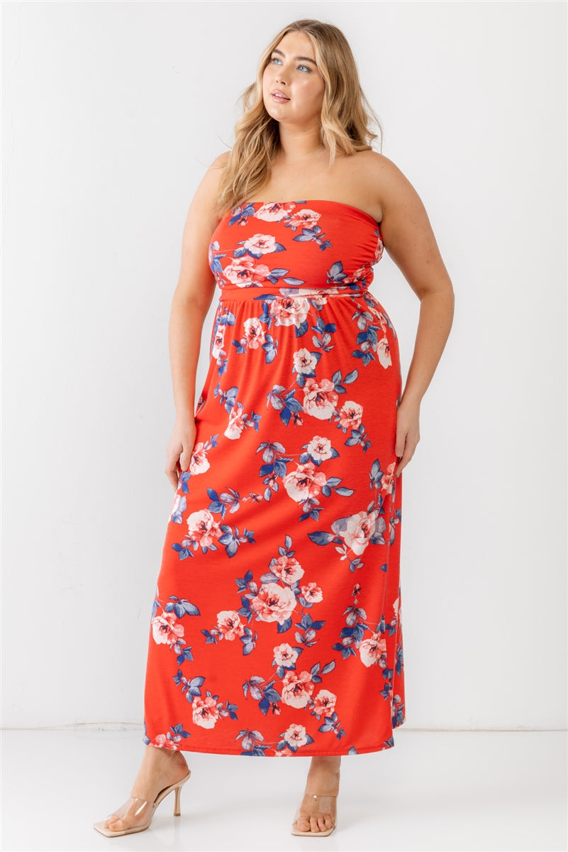 Plus Red Rose Print Ruched Strapless Midi Dress - lolaluxeshop