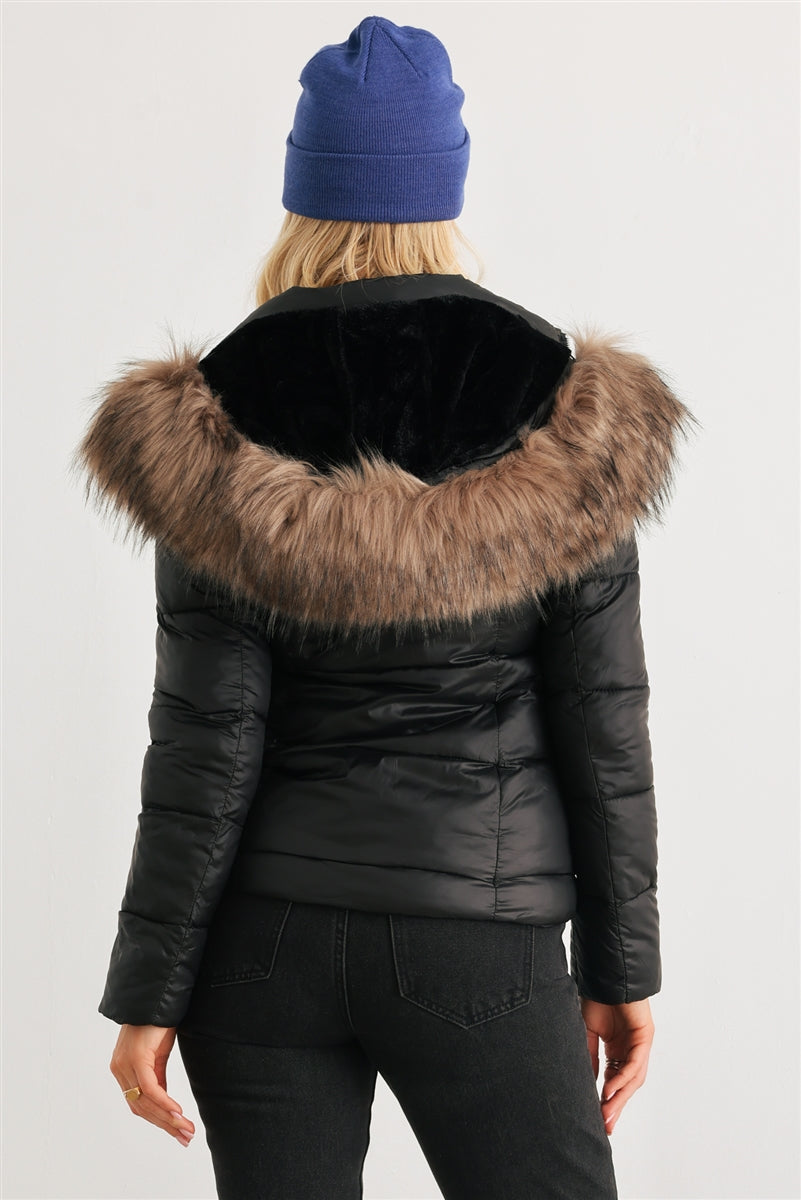 Long Sleeve Faux Fur Hood Padded Water Resistant Finish Jacket - lolaluxeshop