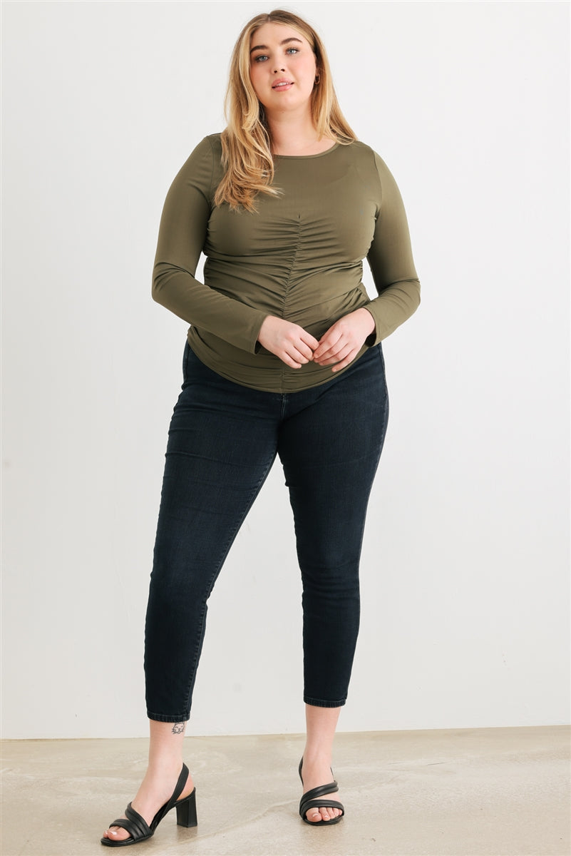 Plus Olive Ruched Long Sleeve Top - lolaluxeshop
