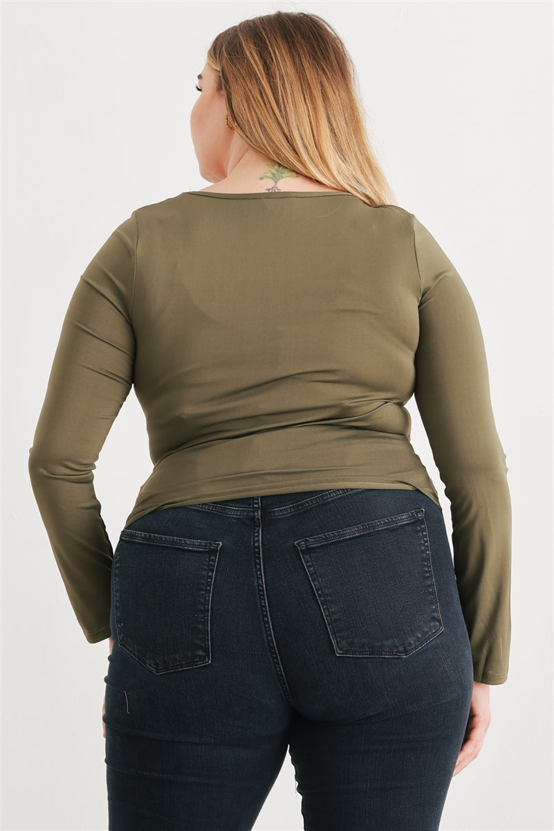 Plus Olive Ruched Long Sleeve Top - lolaluxeshop