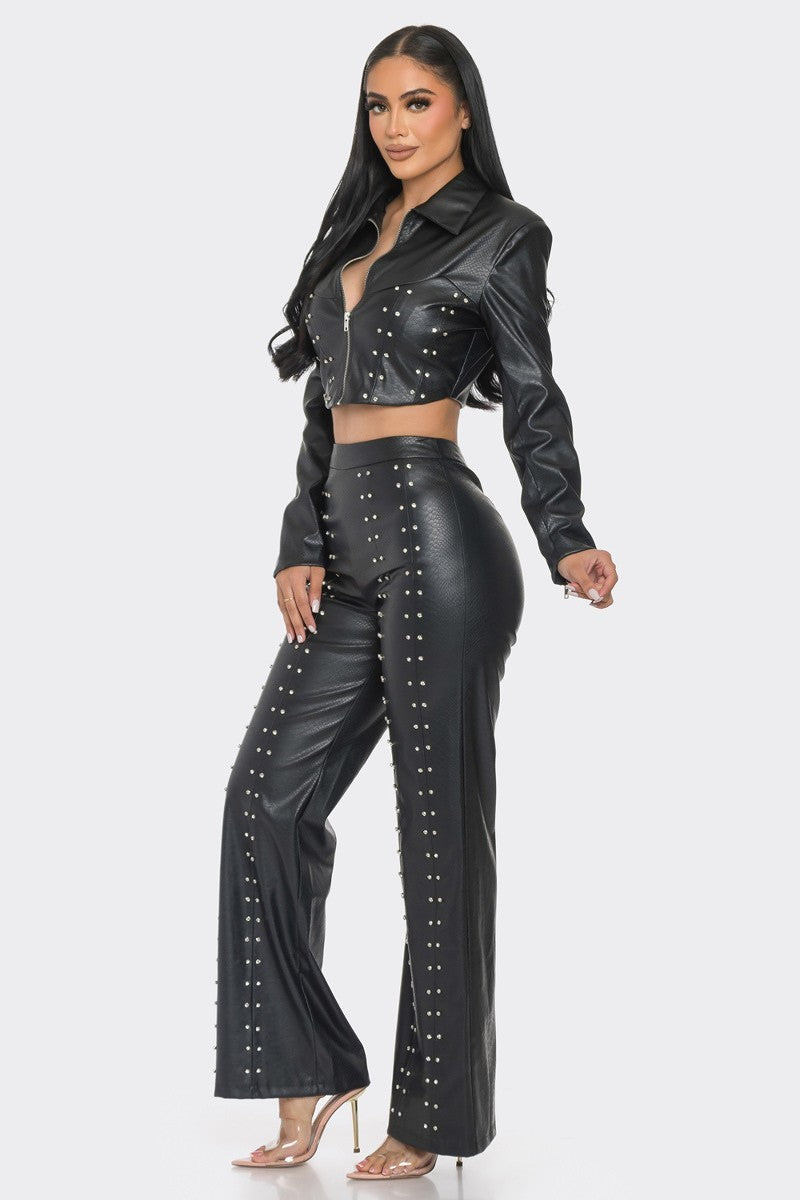 Faux Leather Set With Rhinestone Detail - lolaluxeshop